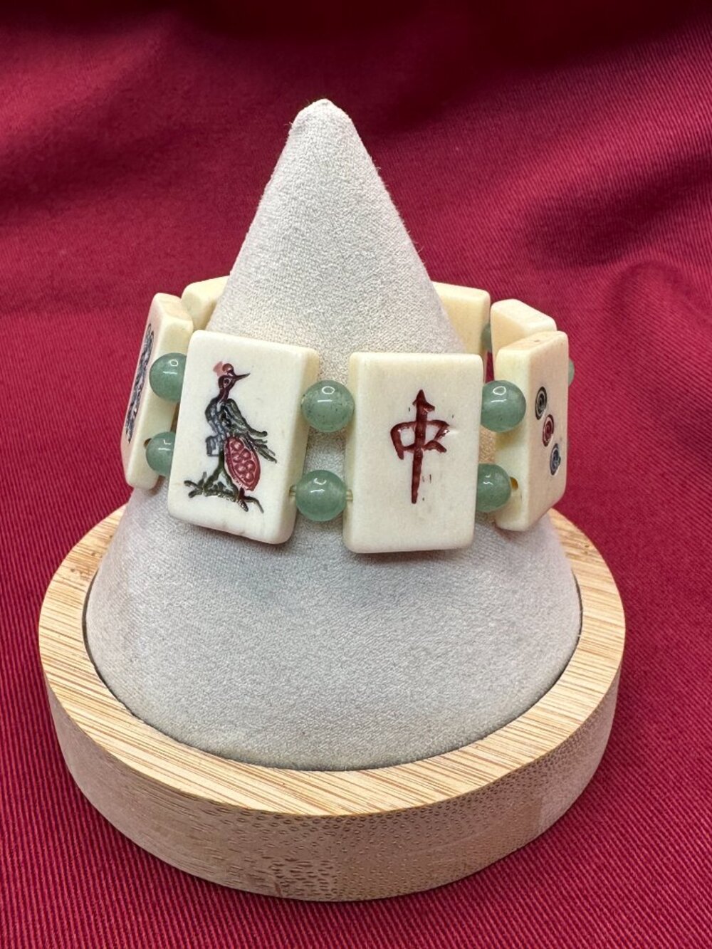 VTG Asian MahJong Tile Bracelet Jade-Tone/Aventurine Beads - Picture 8 of 14
